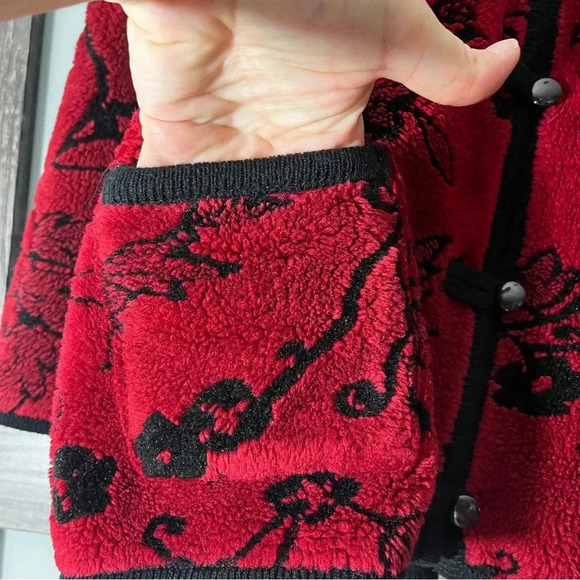 Vintage Tally-Ho Deep Red Floral Leaves Jacket Kimono Style Button Down Small - Picture 8 of 9